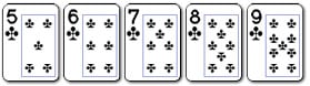 5 aufeinander folgende Karten derselben Farbe - Straight Flush